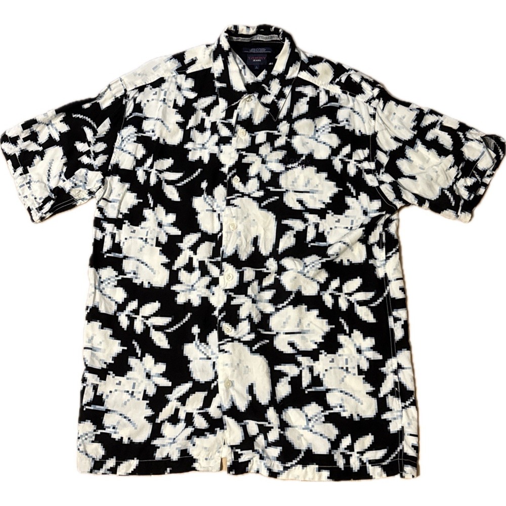 Tommy Jeans Men's L Button Up Shirt Floral Pixel Print Black White Viscose Y2K